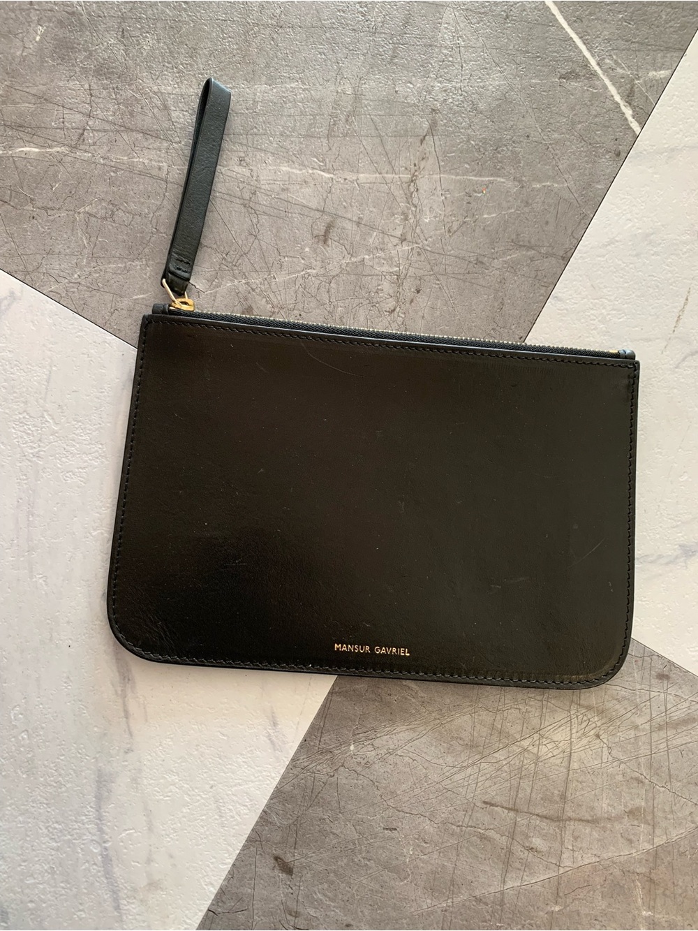 Mansur Gavriel Black Leather Wristlet Pouch with Gold Accent